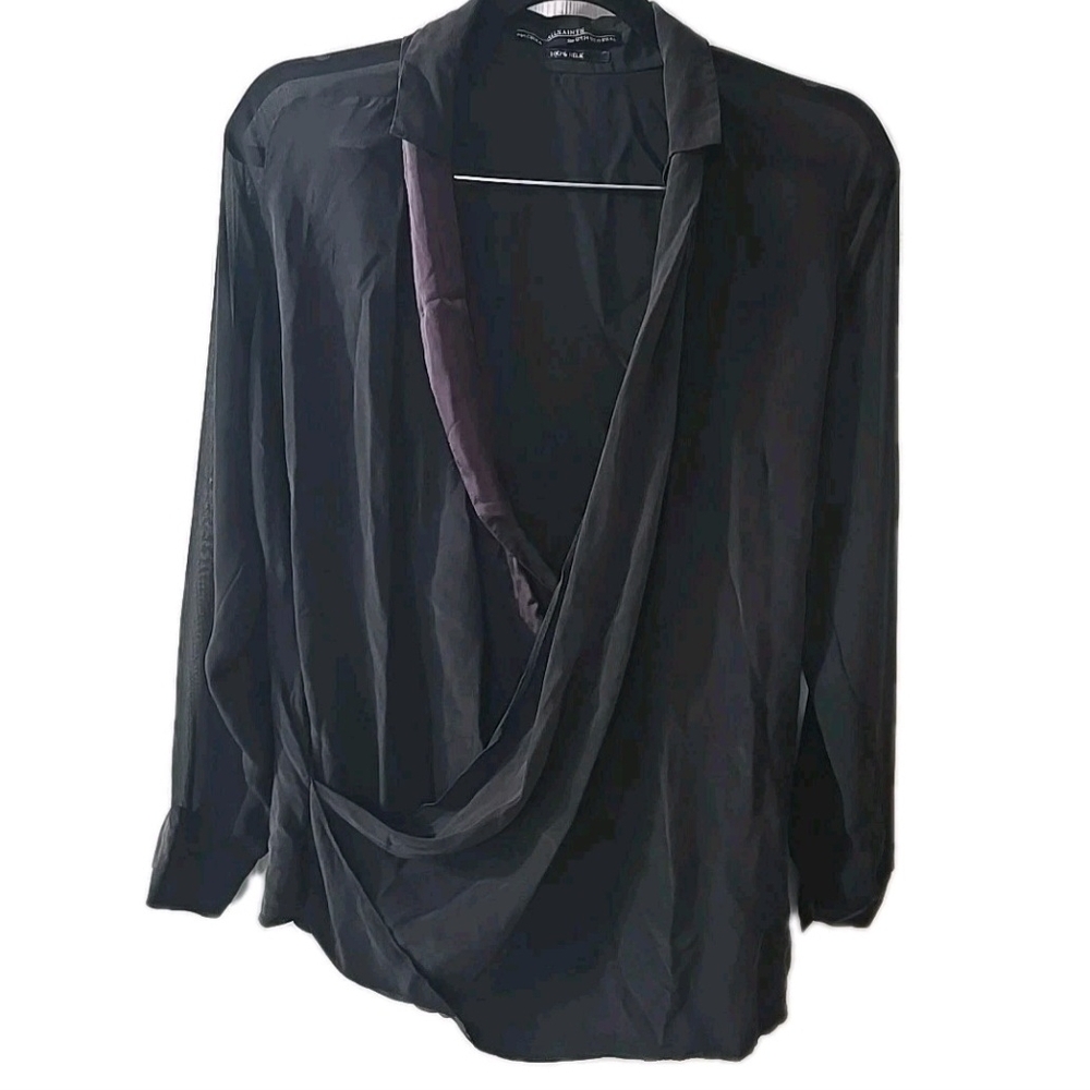All Saints Black Blouse Cross Body 100%‎ Silk Plum Trim Long Sleeve Top Size 10
